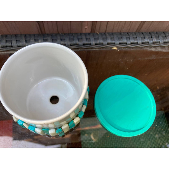 Upcycled Blue & White Mother of PEARL Planter With Drainage Hole - Picture 6 of 7